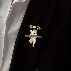 Naughty Cat with Branch Play Lapel Pin Unisex Party Jewelry