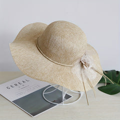 Wide Brim Beach Hat Lace Flower Rope Knot Sun Hat Solid Sunscreen Bucket Hat