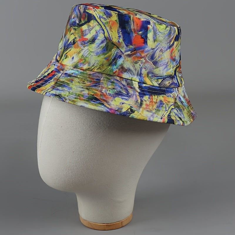 Tie Dye Reversible Bucket Hat Yellow & Vintage Oil Painting Print Fisherman Cap