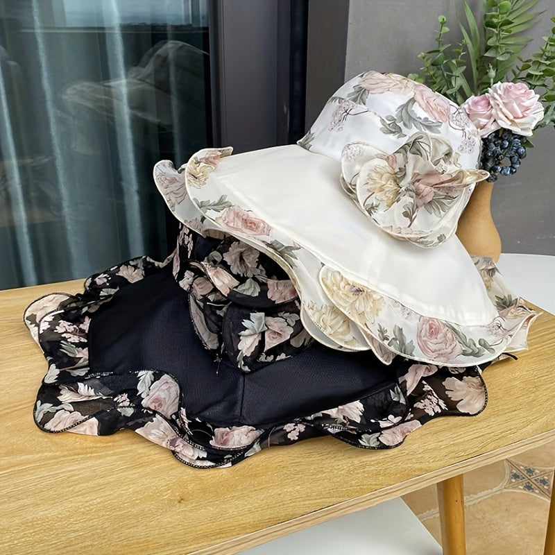 Flower Printed Ruffles Sun Hat Wide Brim UV Protection Bucket Hat