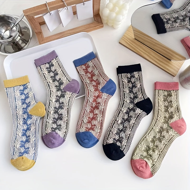 5 Pairs Floral Print Socks Women's Mid Tube Stockings