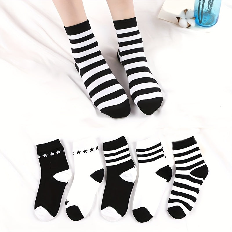 5 Pairs Striped Crew Socks Comfy & Breathable Women's Stockings & Hosiery