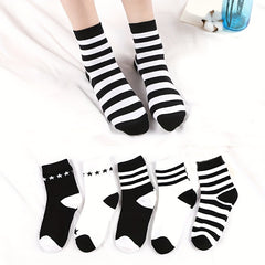 5 Pairs Striped Crew Socks Comfy & Breathable Women's Stockings & Hosiery
