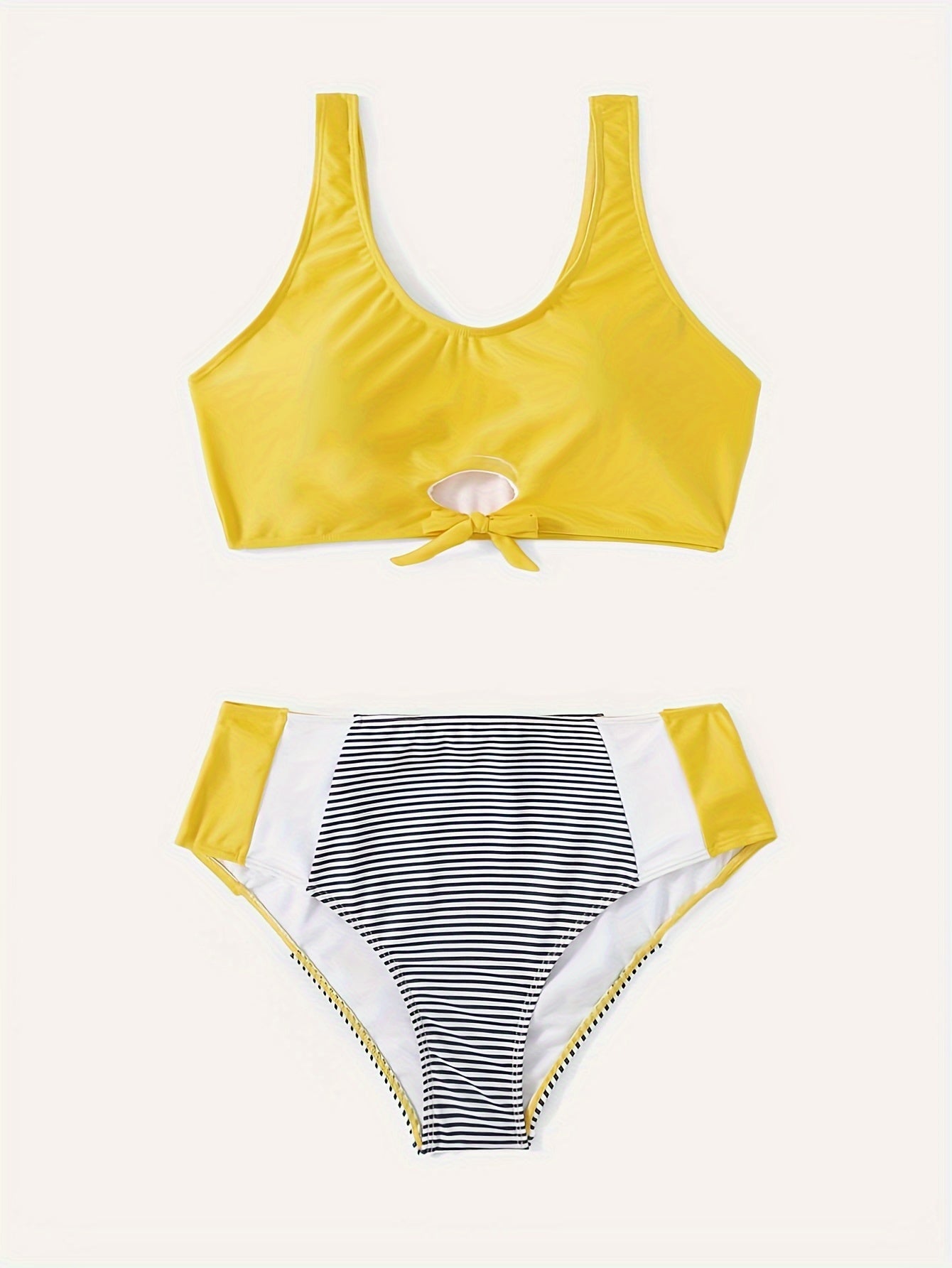  Knot Front Tank Bra & Striped Panty Swimsuit Set