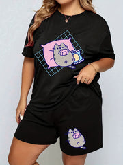  Cat Print Tee & Shorts Pajama Set