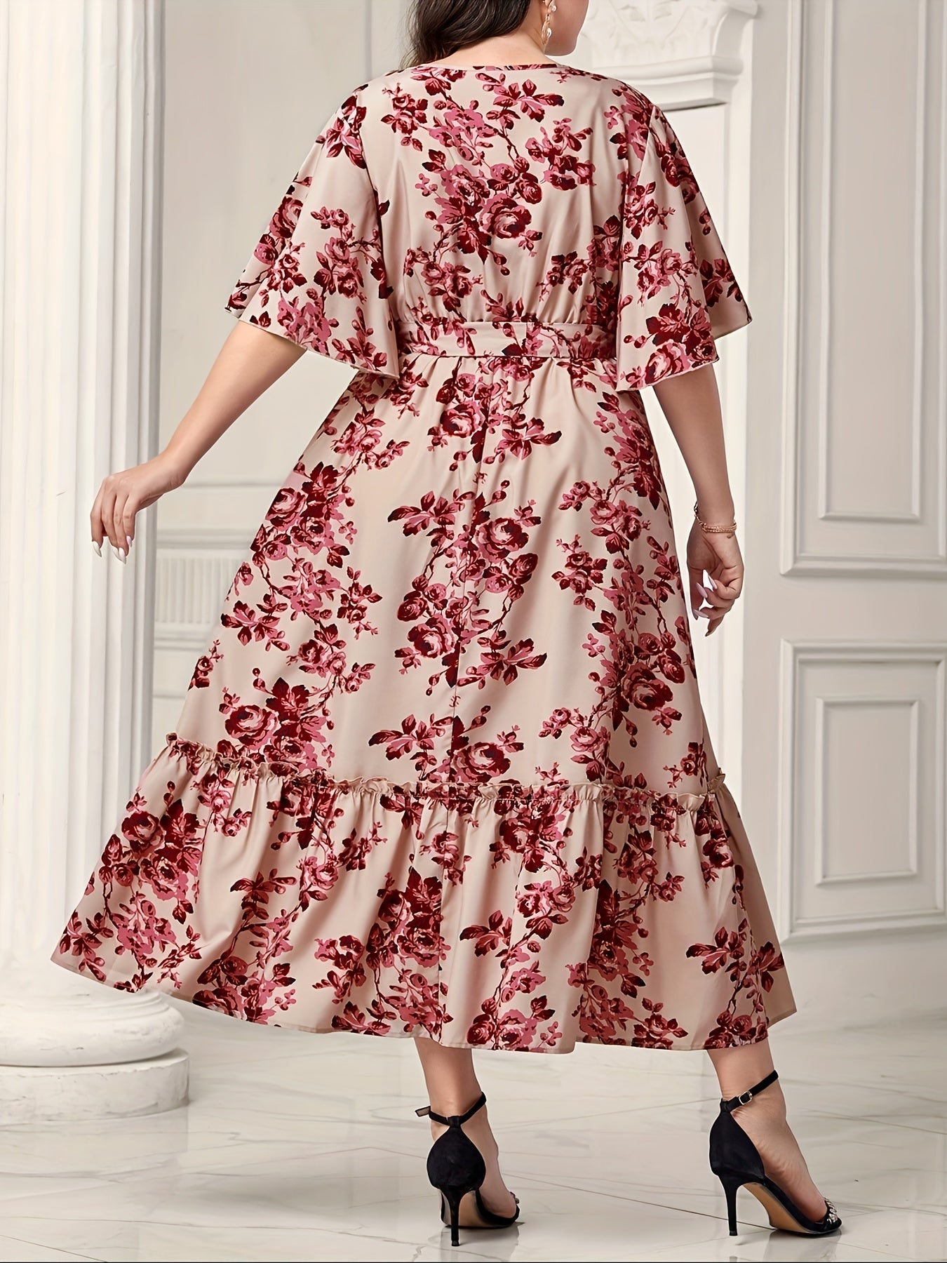 Women's Plus Floral Print Flutter Sleeve Maxi Smock Dress with Belt