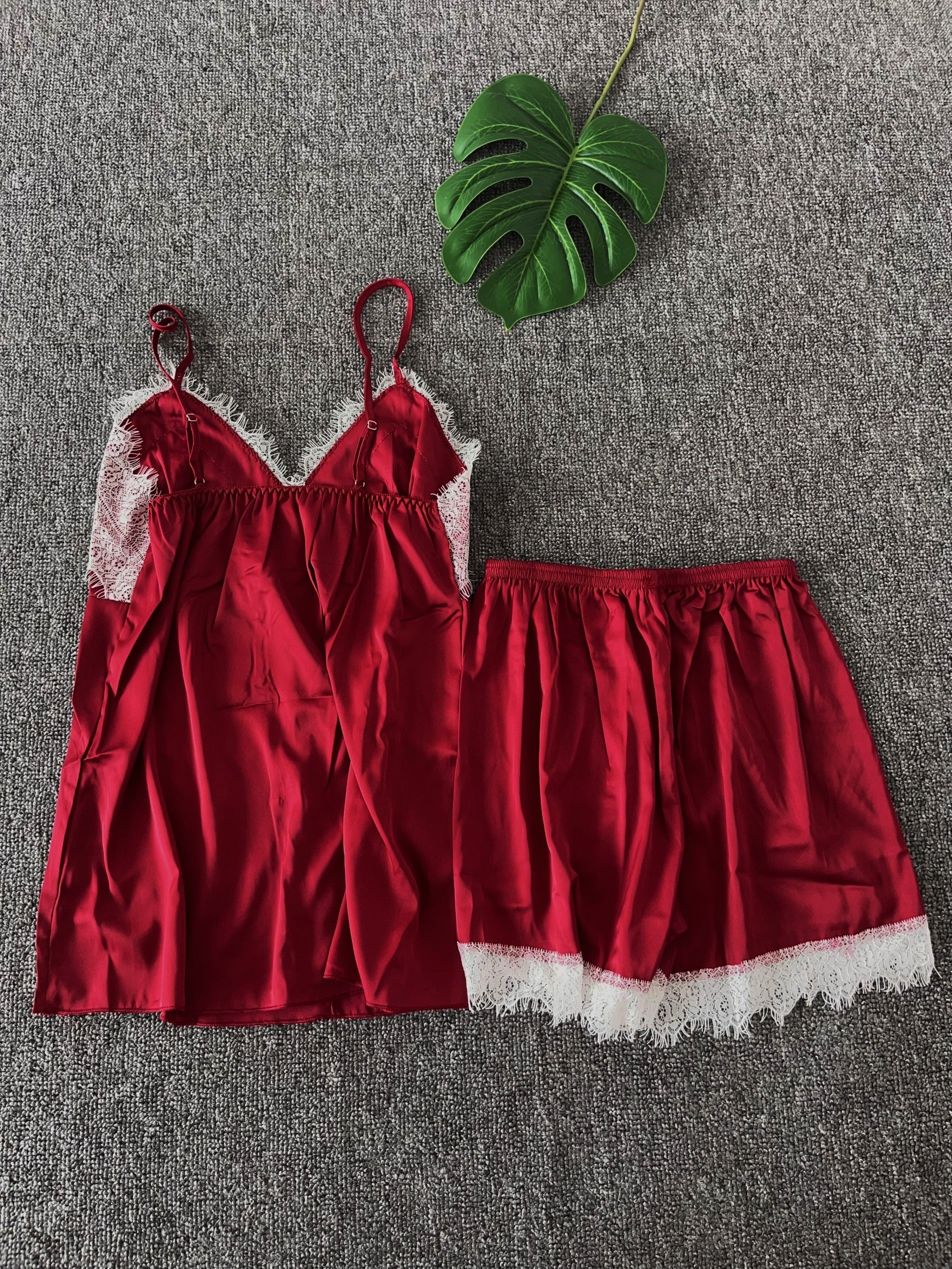 Lace Stitching Pajama Set V Neck Cami Top & Elastic Waistband Shorts