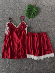 Lace Stitching Pajama Set V Neck Cami Top & Elastic Waistband Shorts