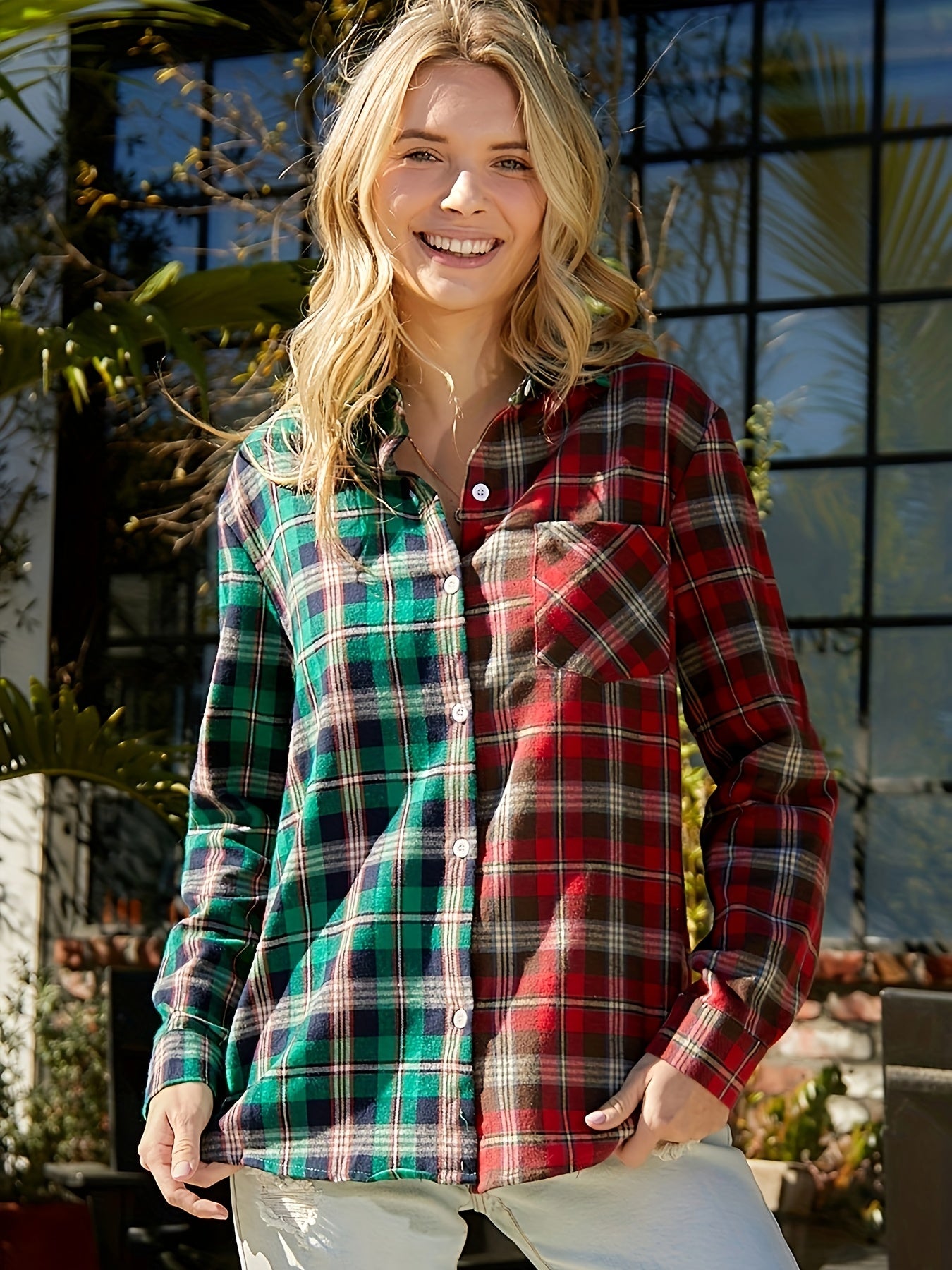  Colorblock Plaid Print Button-Up Shirt