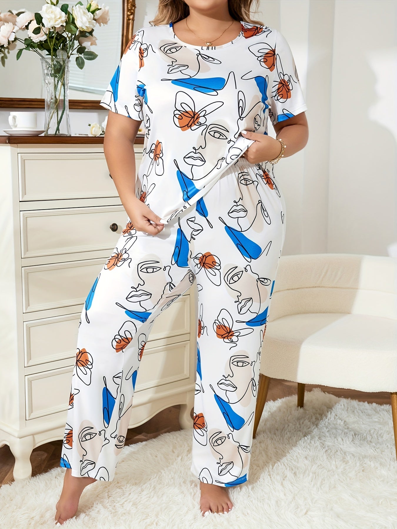  Abstract Figure & Butterfly Print Loungewear Set