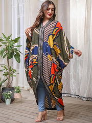  Geometric Print Bat Sleeve V Neck Maxi Dress