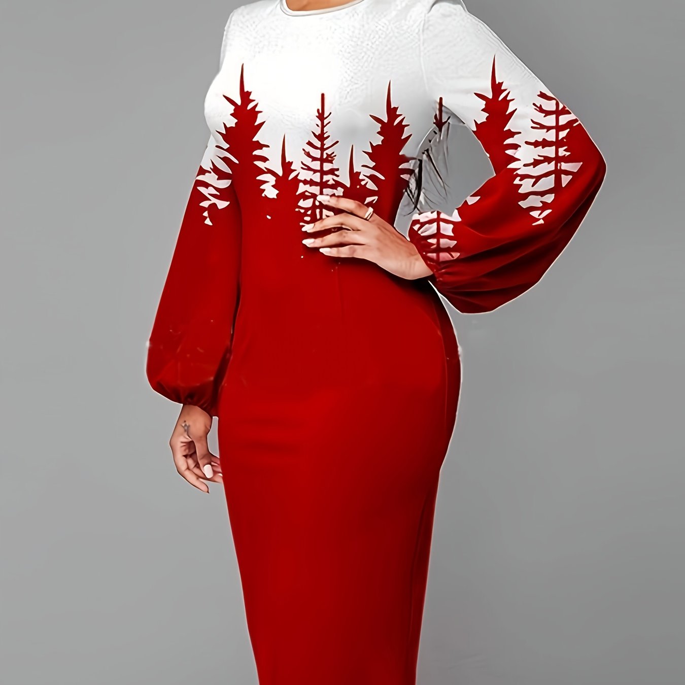  Dress Women's Plus Tree Print Lantern Sleeve Round Neck Medium Stretch