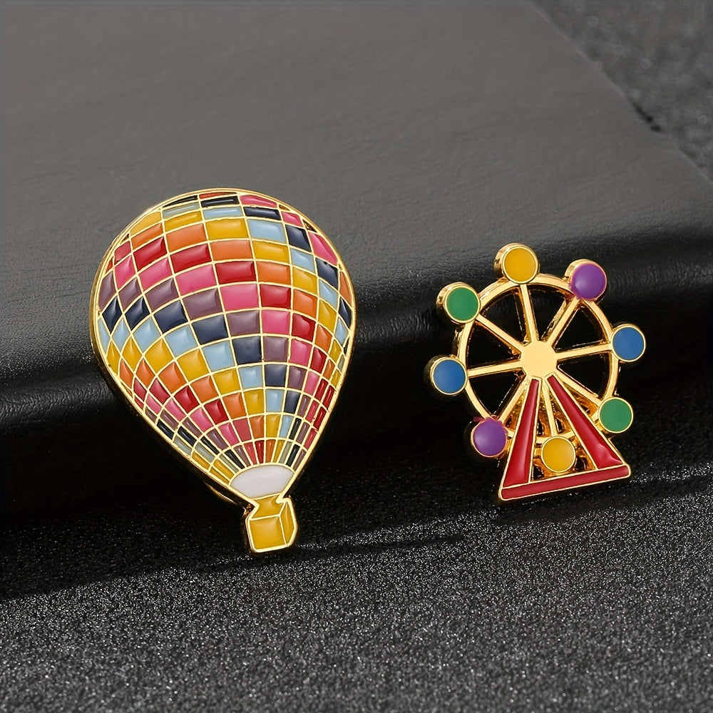 Enamel Hot Air Balloon & Ferris Wheel Brooch Pin for Girls