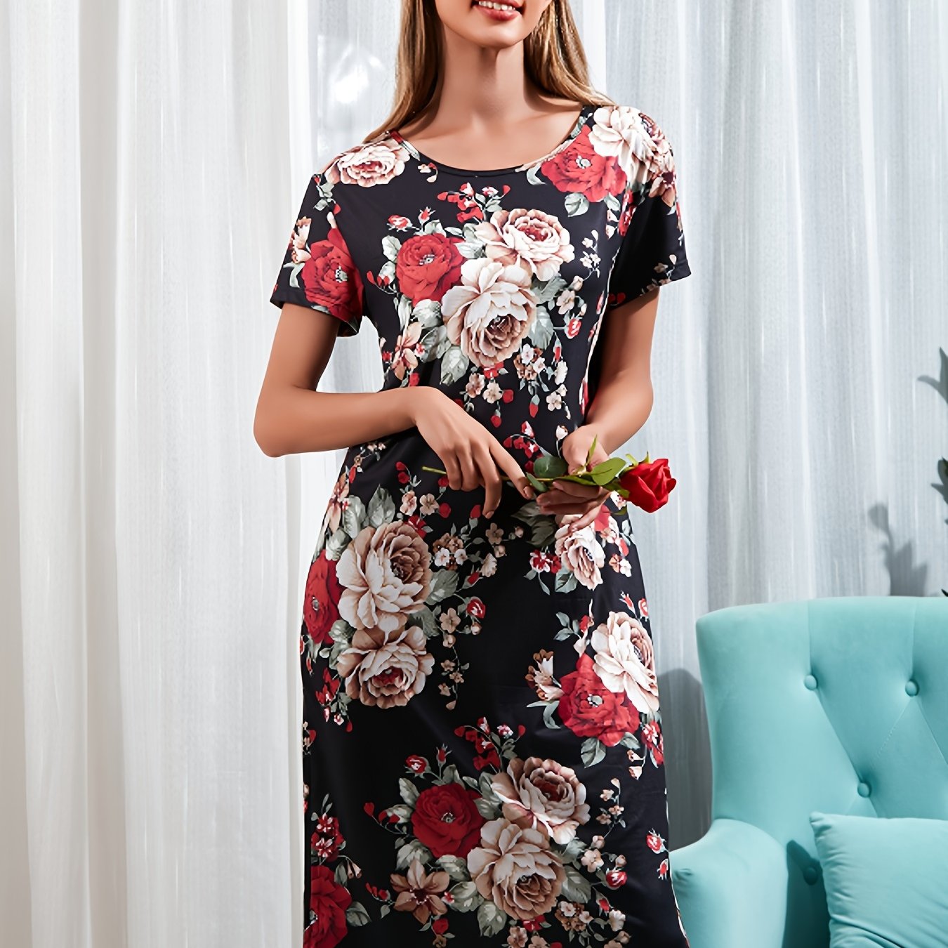 Floral Lounge Dress Short Sleeve Comfy Crew Neck Women's Loungewear