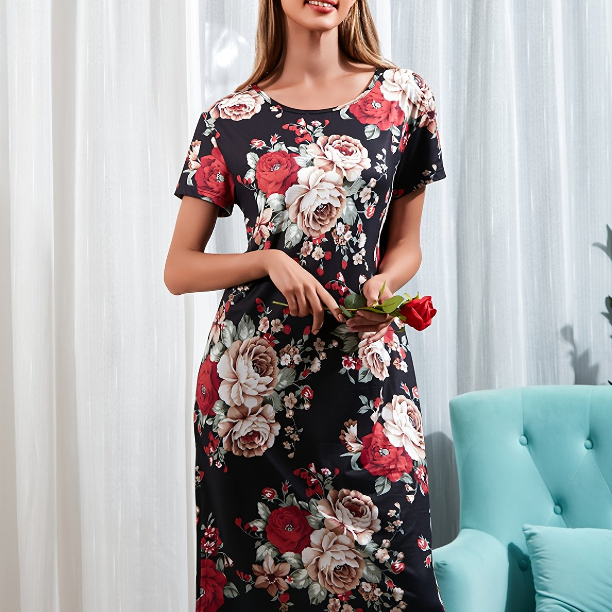 Floral Lounge Dress Short Sleeve Comfy Crew Neck Women's Loungewear