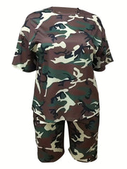 Women's Plus Camo Print Tee & Shorts Two Piece Set