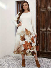  Casual Dress Women's Plus Maple Leaf Print Midi Dress