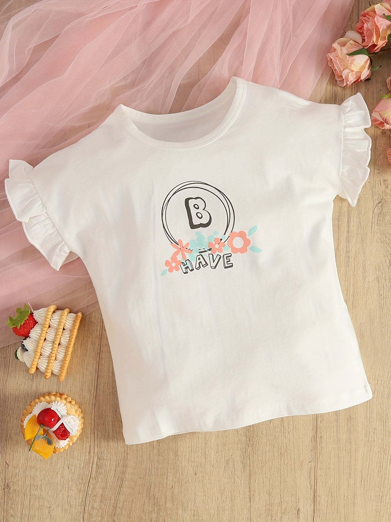 Baby Girls Letter Print Ruffle Trim T-shirt for Summer
