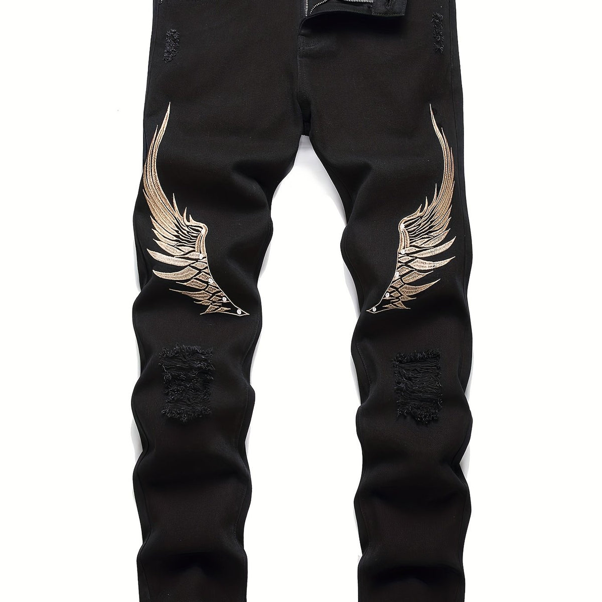 Men's Wing Embroidery Jeans Distressed Denim Pants