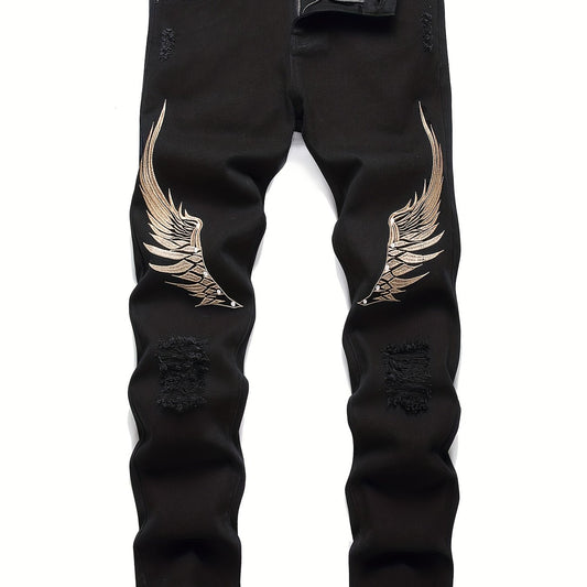 Men's Wing Embroidery Jeans Distressed Denim Pants