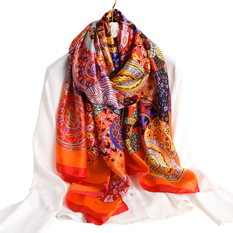 Vintage Geometric Circle Print Scarf Satin Headscarf Women Travel Wrap
