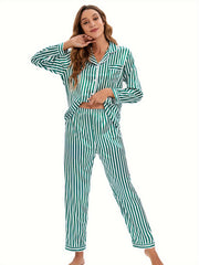Leopard Print Lounge Set Long Sleeve Button Front Top & Elastic Waistband Pants