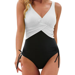 Ruched One Piece Swimsuit Drawstring Tie Side High Cut Bathing Suit