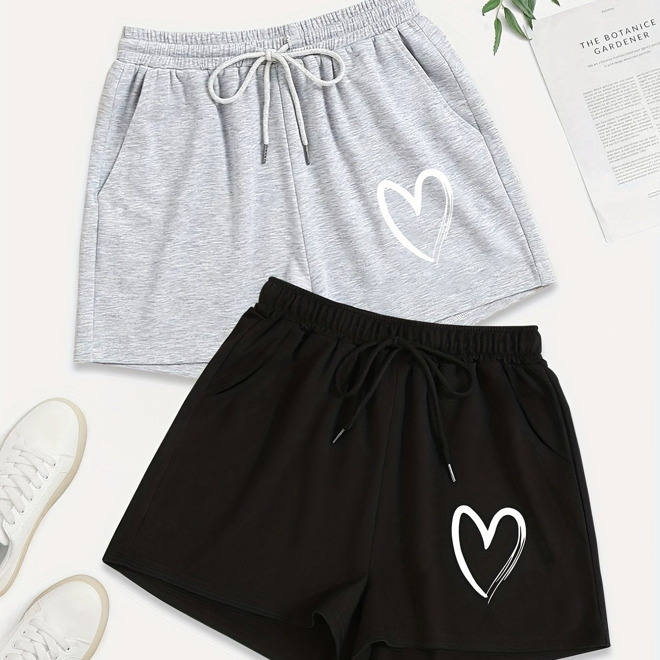 2 Pack Women's Plus Casual Heart Print Drawstring Shorts Set