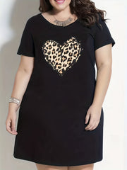  Leopard Heart Print Short Sleeve Round Neck Sleep Dress