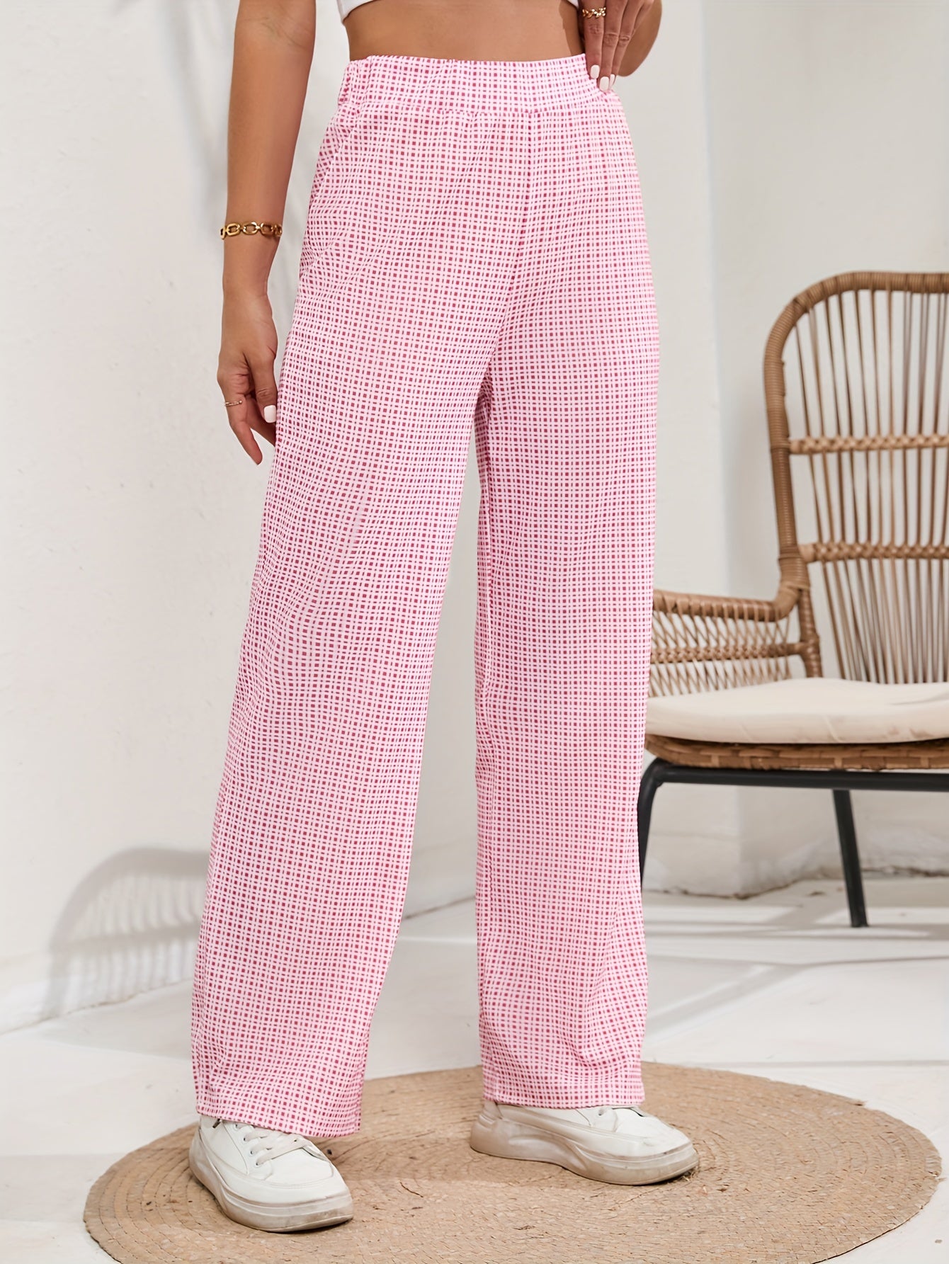 Plaid Straight Leg Pants High Waist Loose Fit