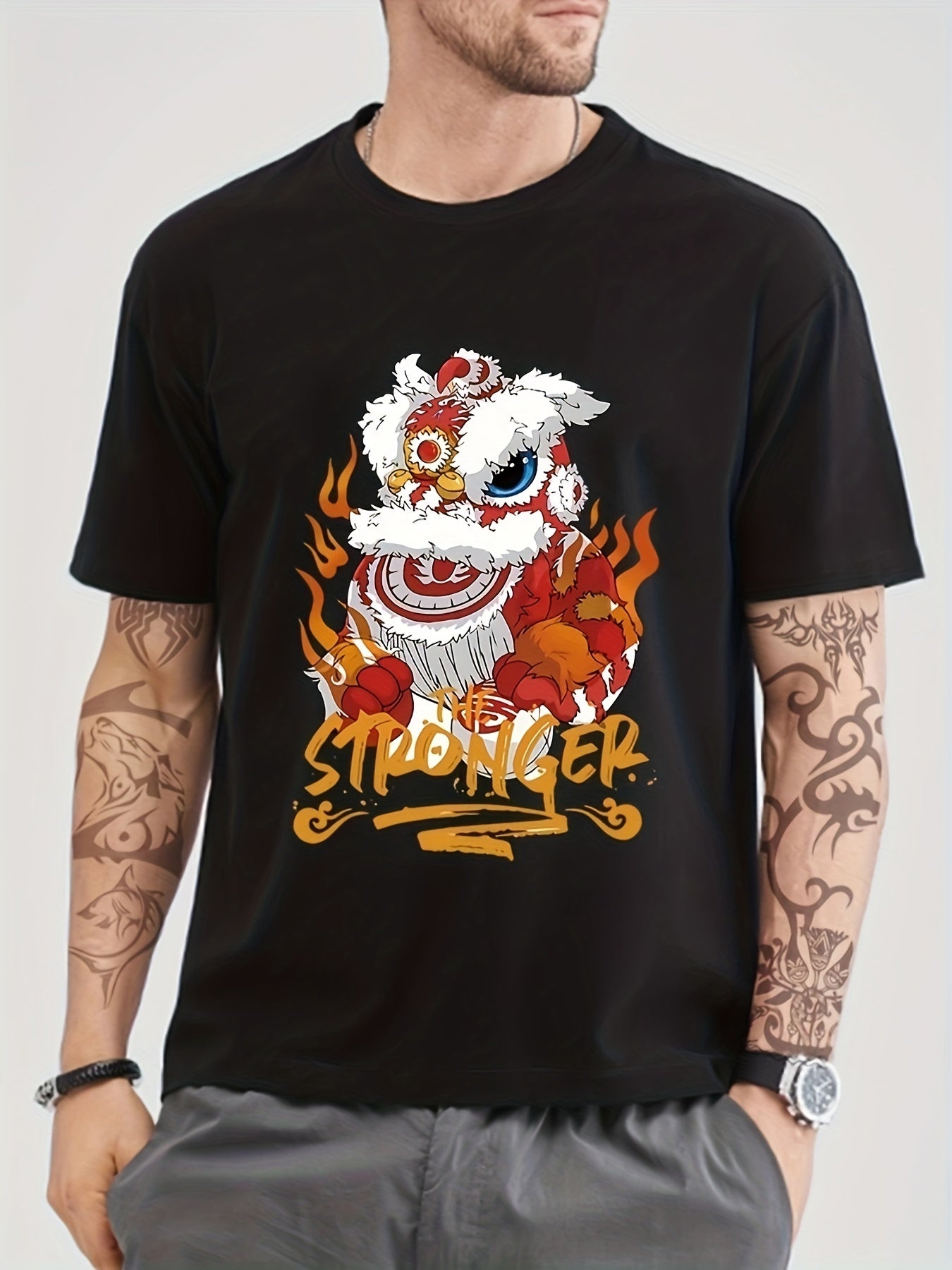 Cotton Stronger & Lion Dance Print Men's Graphic Crew Neck T-shirt