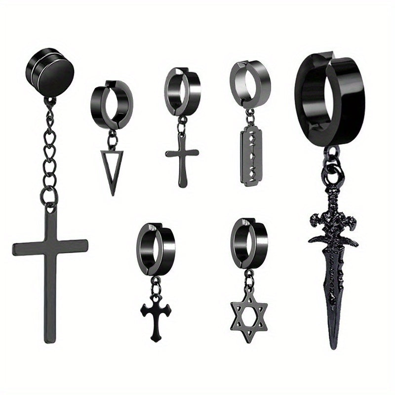 Men's Steel Jewelry Set Cross Ear Clip Fishbone Earrings