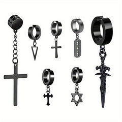 Men's Steel Jewelry Set Cross Ear Clip Fishbone Earrings