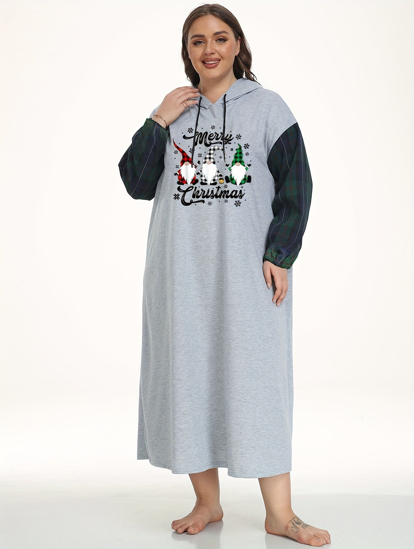  Christmas Plaid Gnomes Hooded Nightdress