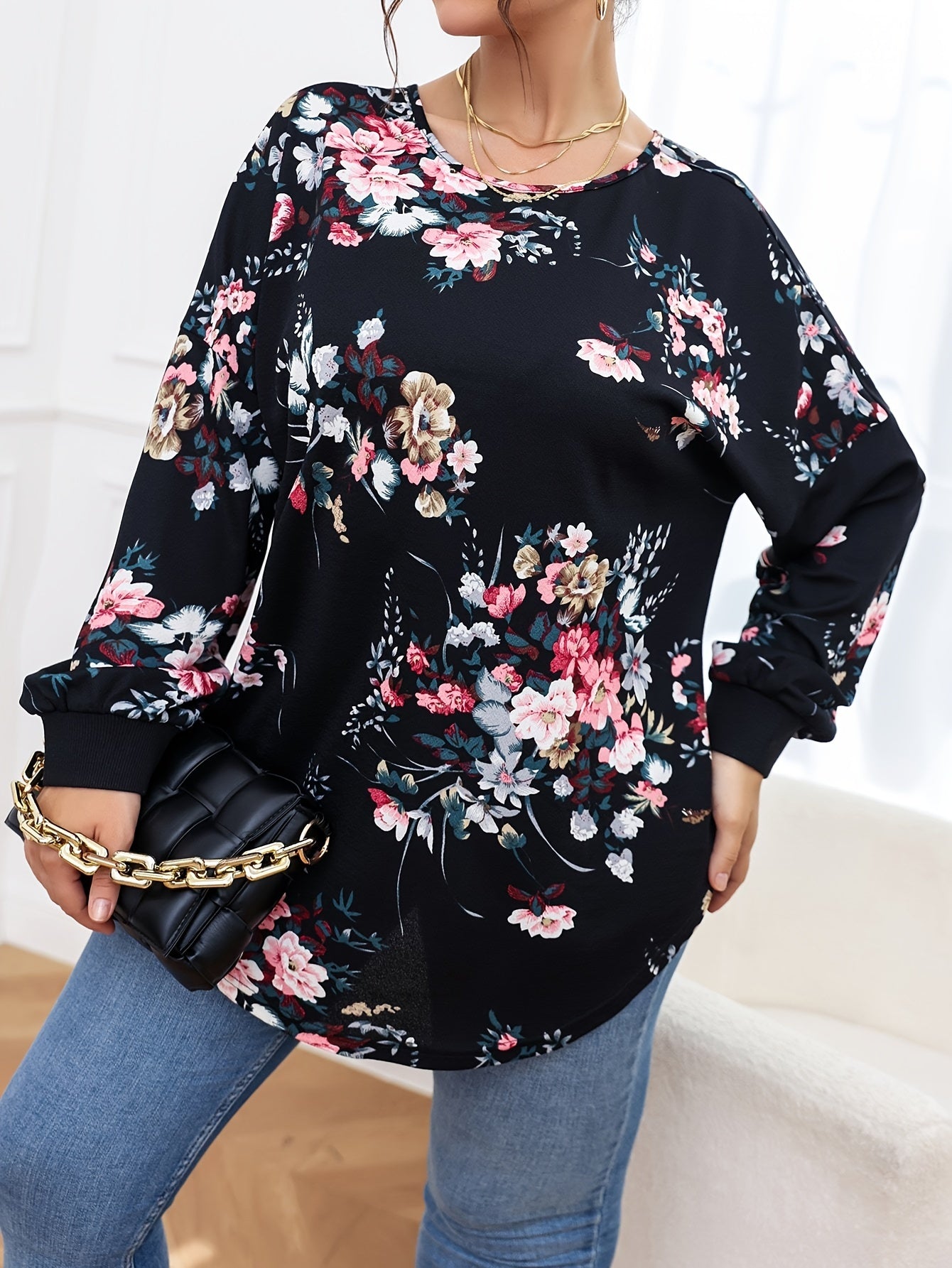Women's Plus Size Floral Print Long Sleeve V Neck Tunic Top