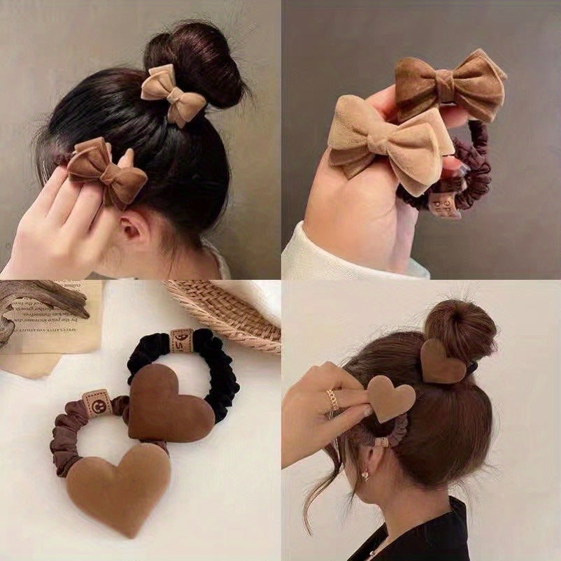 4pcs Flocking Bow Knot Heart Shape Scrunchie Hair Rope Bun Accessory