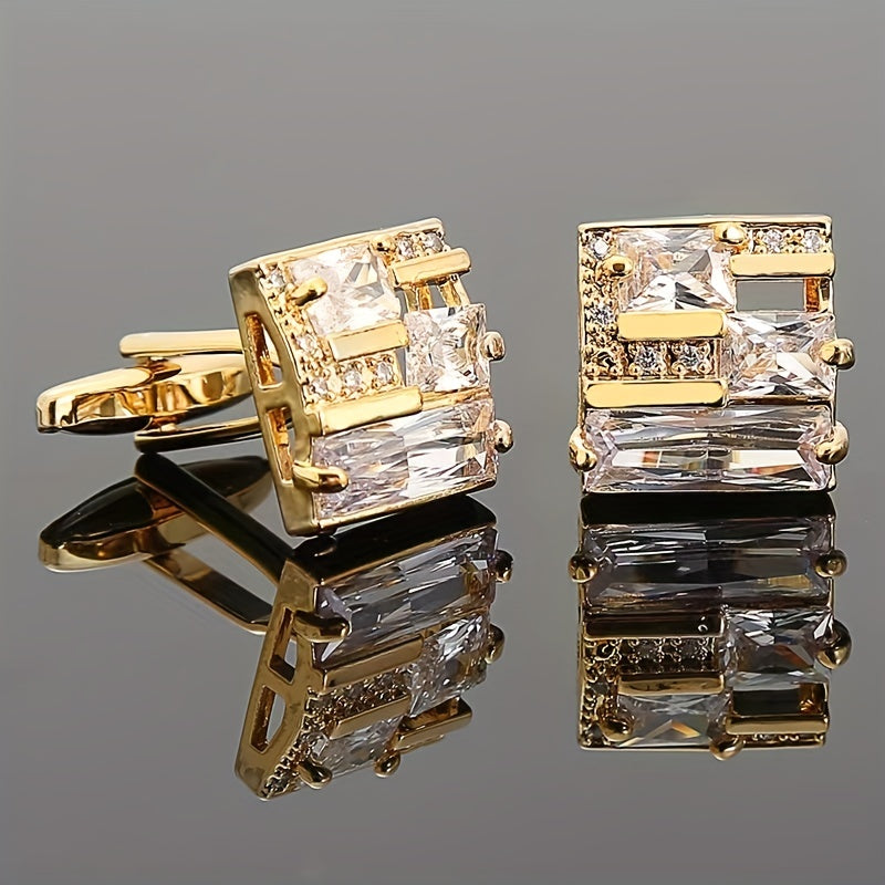 Square Crystal Cufflinks Copper Faux Diamond French Shirt Button Hollowed Out
