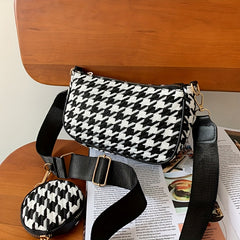 Stylish Houndstooth Shoulder Bag With Mini Round Purse