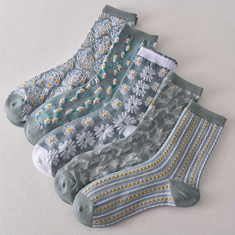 5 Pairs Floral Print Socks Women's Mid Tube Stockings