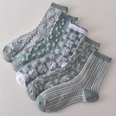 5 Pairs Floral Print Socks Women's Mid Tube Stockings