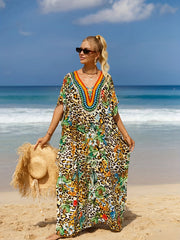  Boho Cover Up Women's Plus Tropical Print Bat Sleeve V Neck