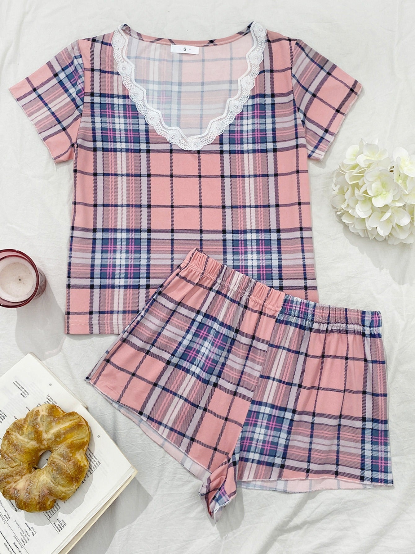 Women's Plaid Lace Trim Pajama Set