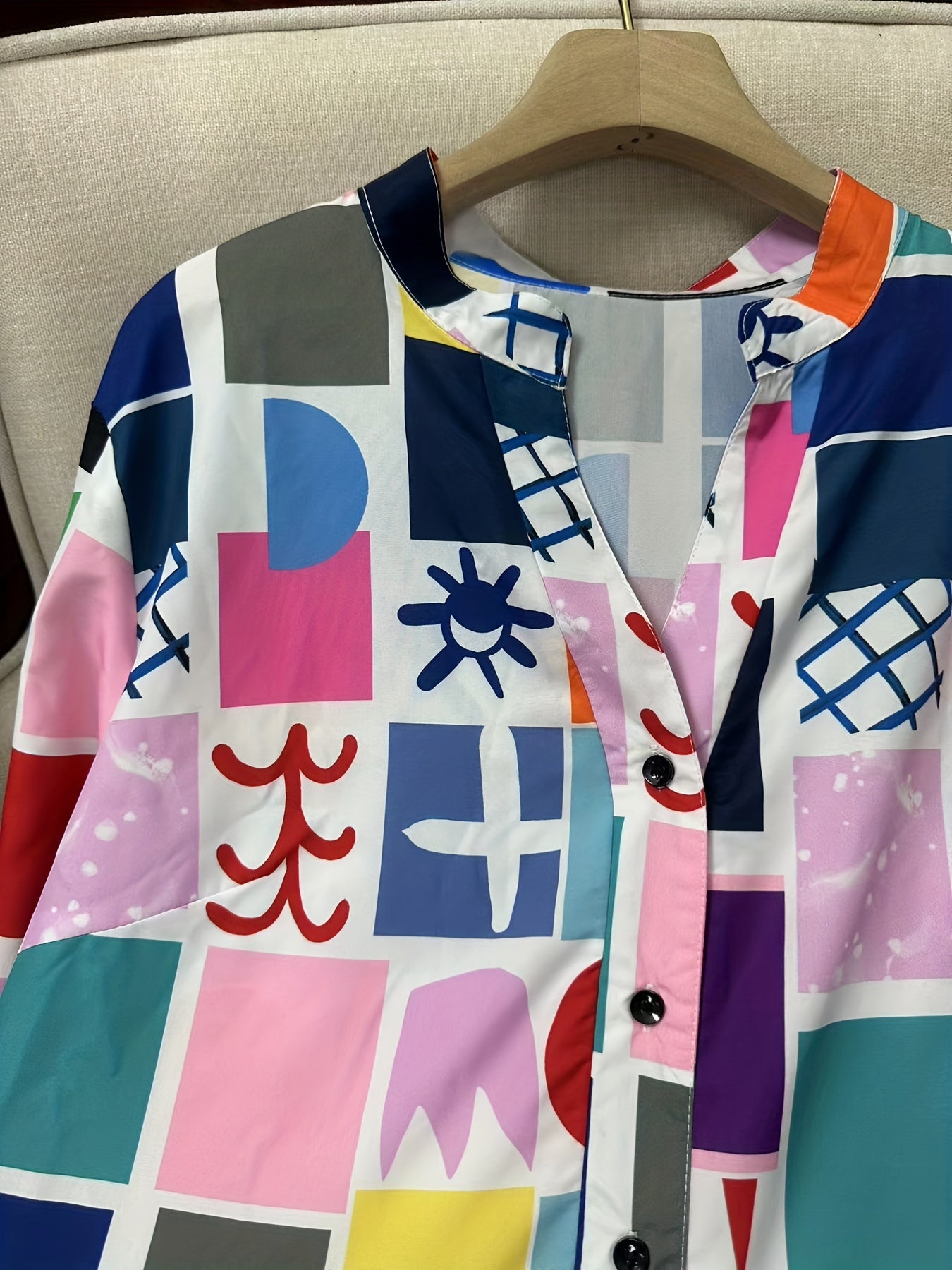  Geometric Print Long Sleeve Babydoll Dress