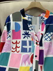  Geometric Print Long Sleeve Babydoll Dress