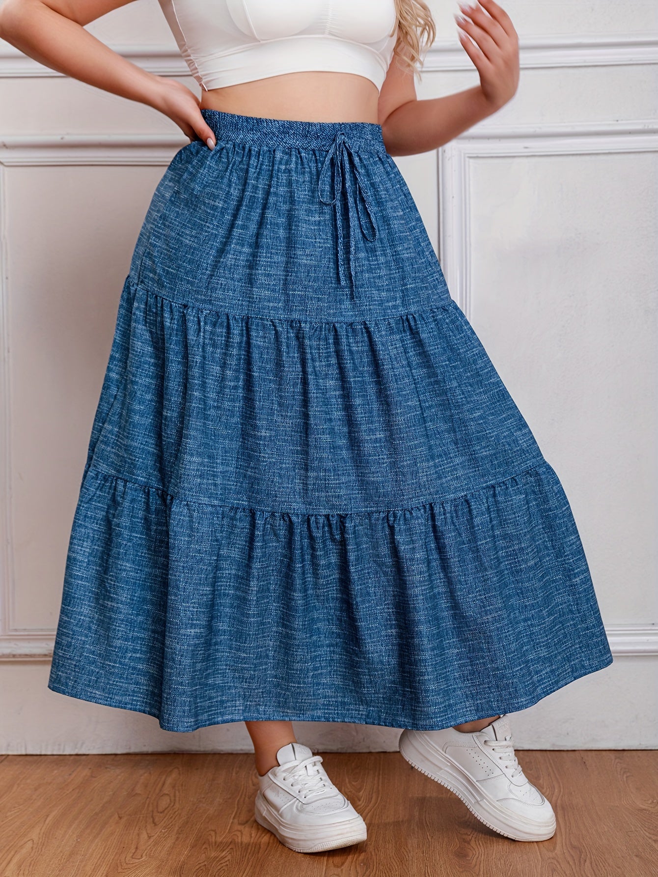  Denim Print Drawstring Elastic High Rise Maxi Skirt