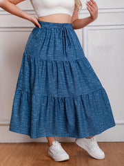  Denim Print Drawstring Elastic High Rise Maxi Skirt