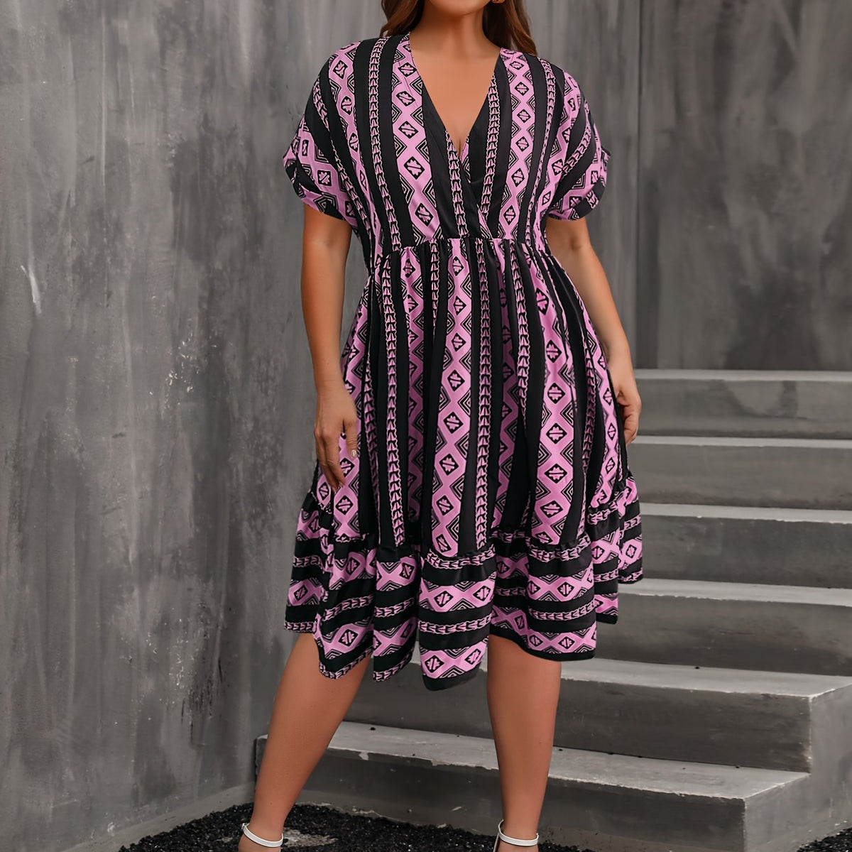  Colorblock Argyle Print Batwing Sleeve V Neck Mini Dress