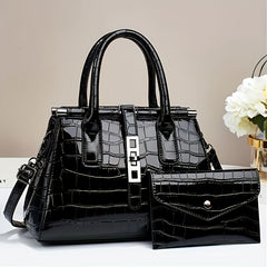 Crocodile Print Satchel Top Handle Tote Bag & Clutch Purse Set