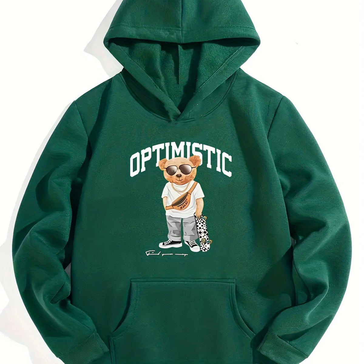 Skateboard Bear & OPTIMISTIC Letter Boys Hooded Sweatshirt