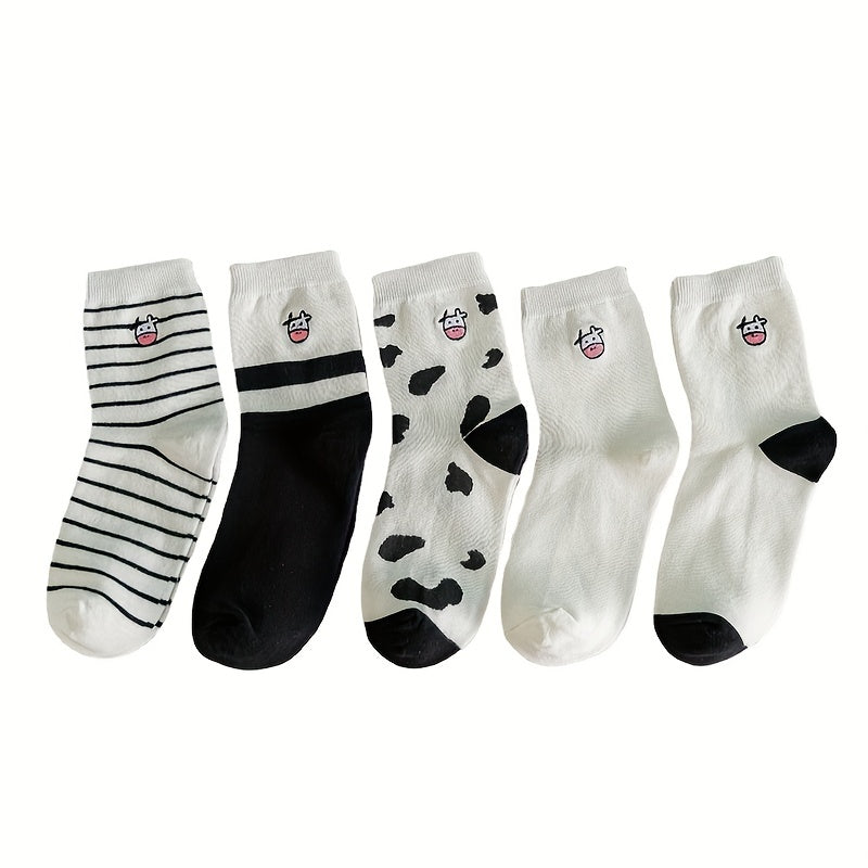 5 Pairs Cartoon Cow Print Socks Women's Mid Tube Stockings
